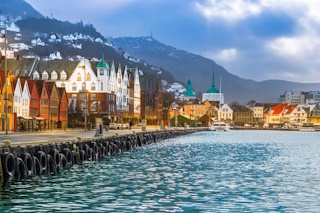 Bergen waterfront with colorful buildings and mountains