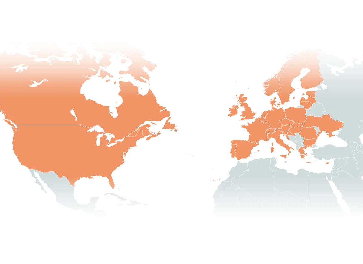 World map highlighting VR Expert office locations in Europe
