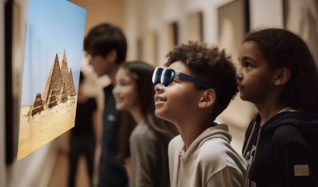 Students viewing an exhibit through smart glasses