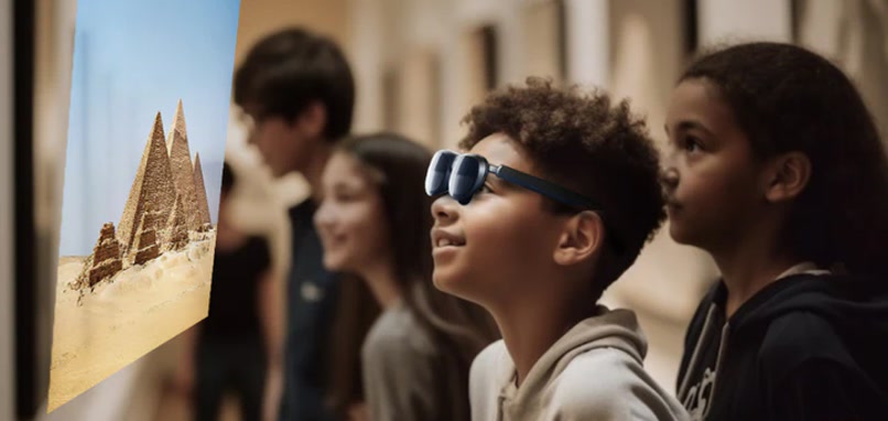Students viewing an exhibit through smart glasses