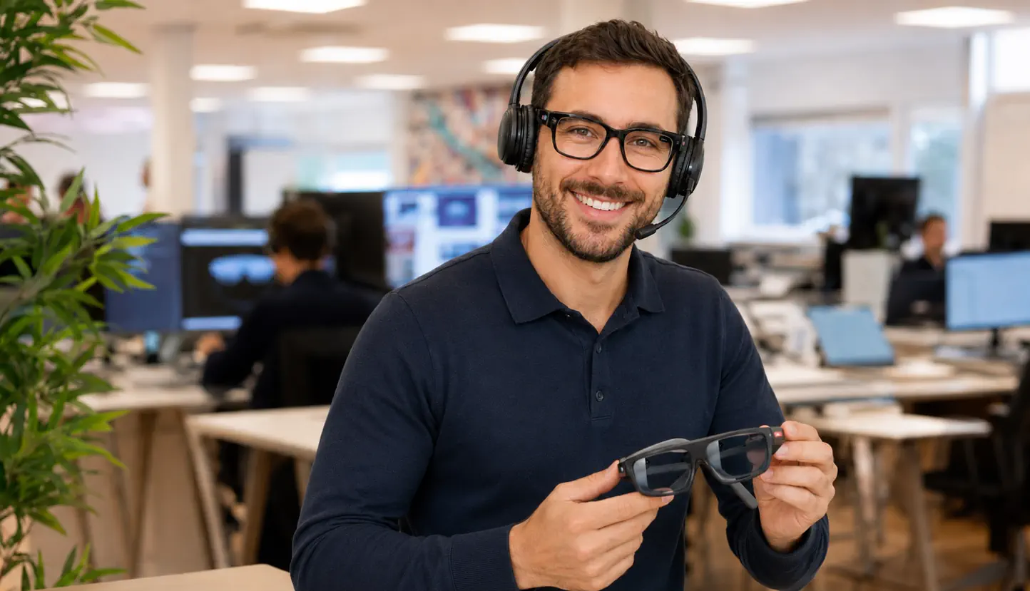 Team collaborating with VR headsets in a modern office