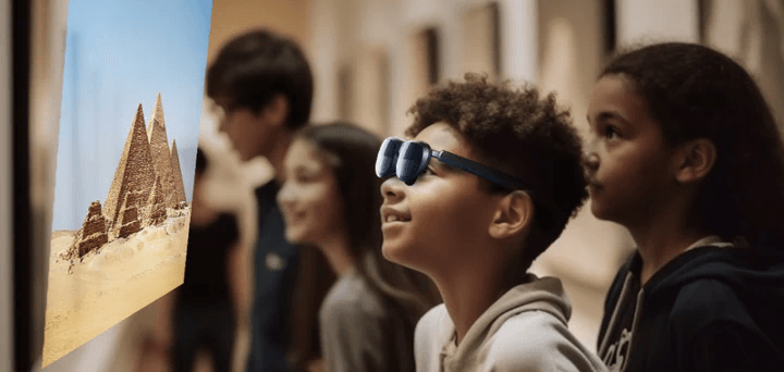 Students wearing 3D glasses in a museum