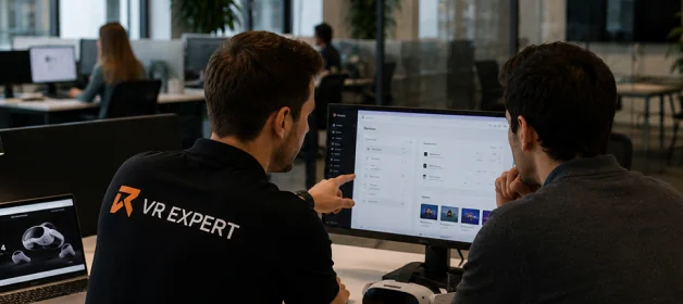 VR Expert specialist setting up devices together with a customer