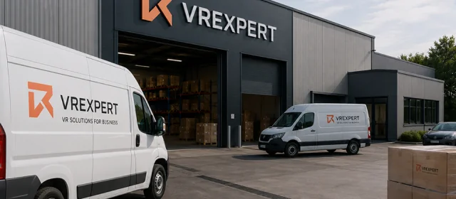 VR Expert warehouse with branded delivery vans