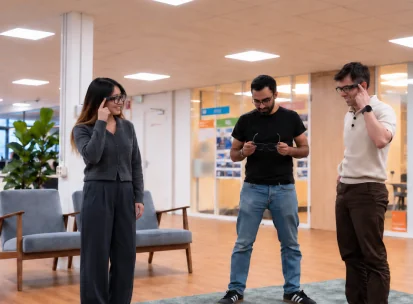 VR Expert team members trying out AI glasses in the office